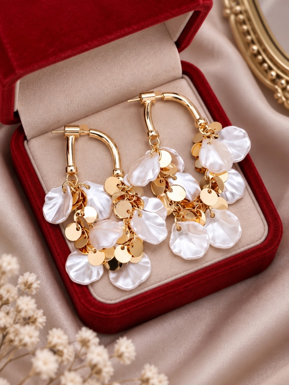 Gold Hoop Earrings with White Pearl Petal Charms - Women Jewelry